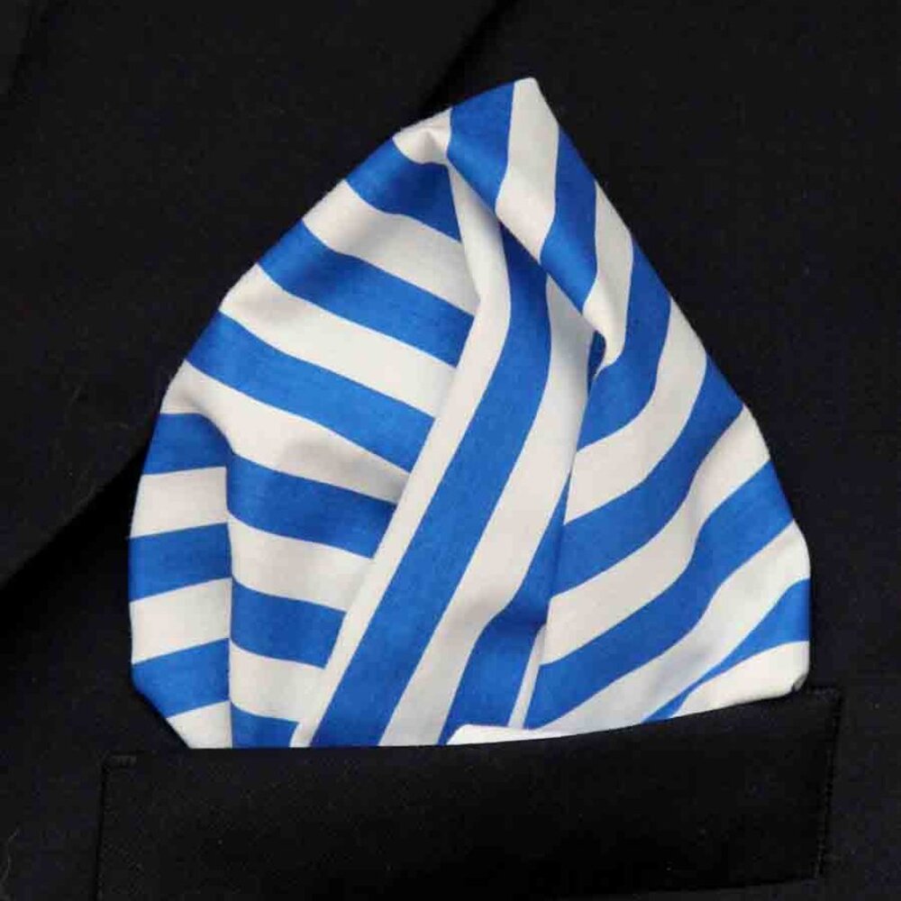 Gascoigne Pocket Hand Stitched Cotton Pocket Square Blue White Cabana Stripe